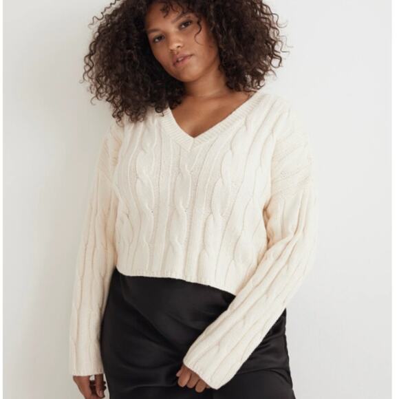 Madewell SZ XL Cable-Knit V-Neck Crop Sweater Antique Cream - Picture 1 of 5